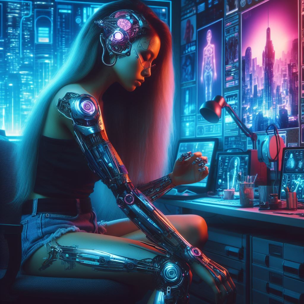 Cyberpunk girl running self diagnostic