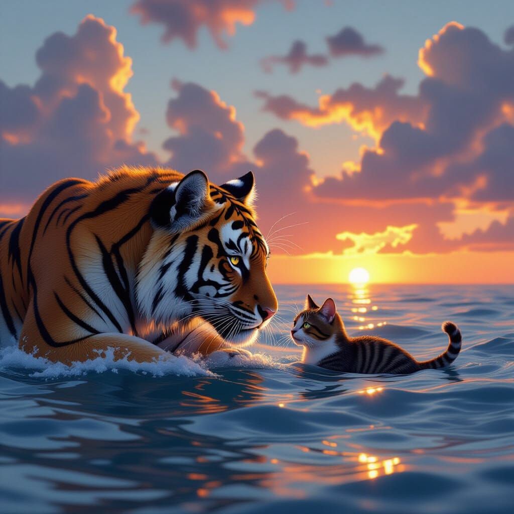 Tiger Preying on Cat at Sunset, Hyperrealistic Style
