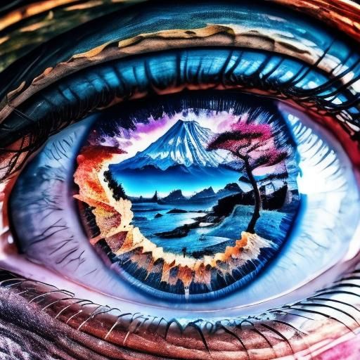 "macro shot of “ocean <lora:Eyeeezzzzz:1.0> inside an eye" double exposure collage art illustration, silhouette art, fantasy, hdr, vibrant,...