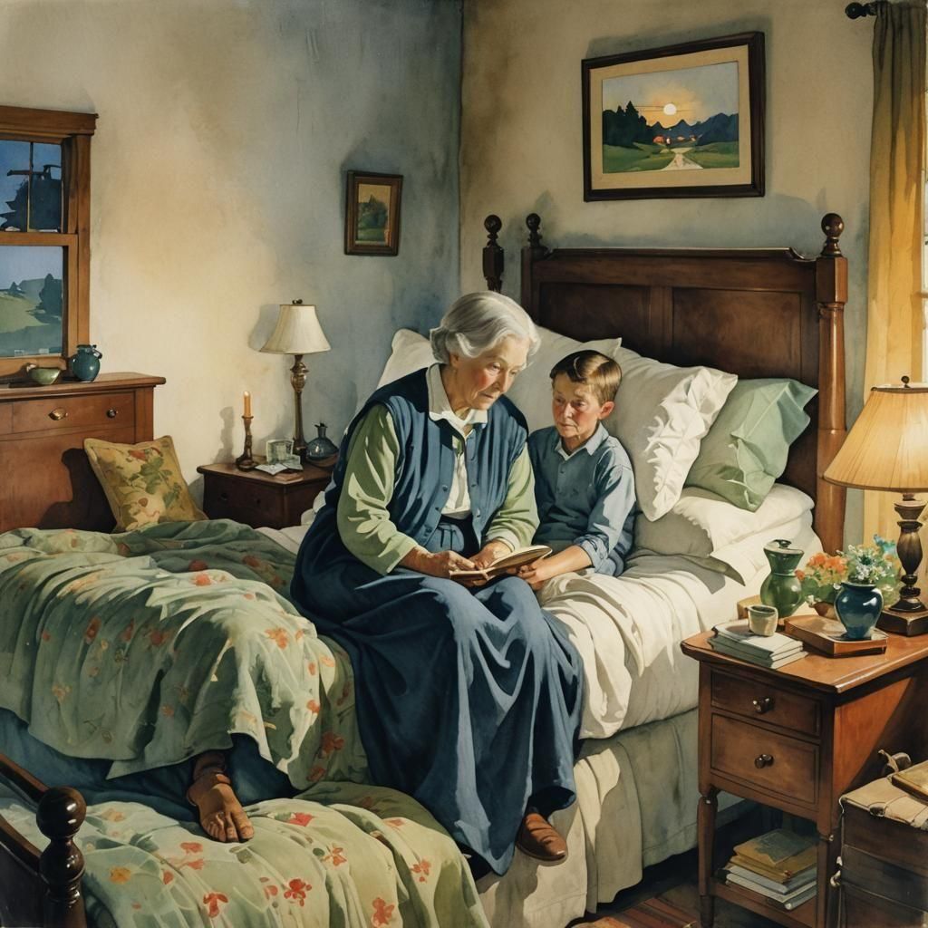 A kindly grandmother sits by the side of the bed.her 13 year old grandson.