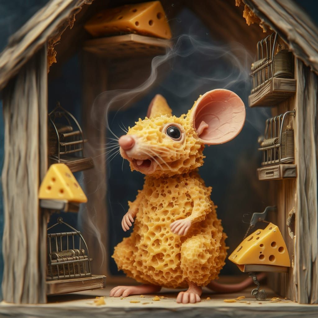 A mouse made of cheese living in a house made of mouse-traps  by @Morphesius 