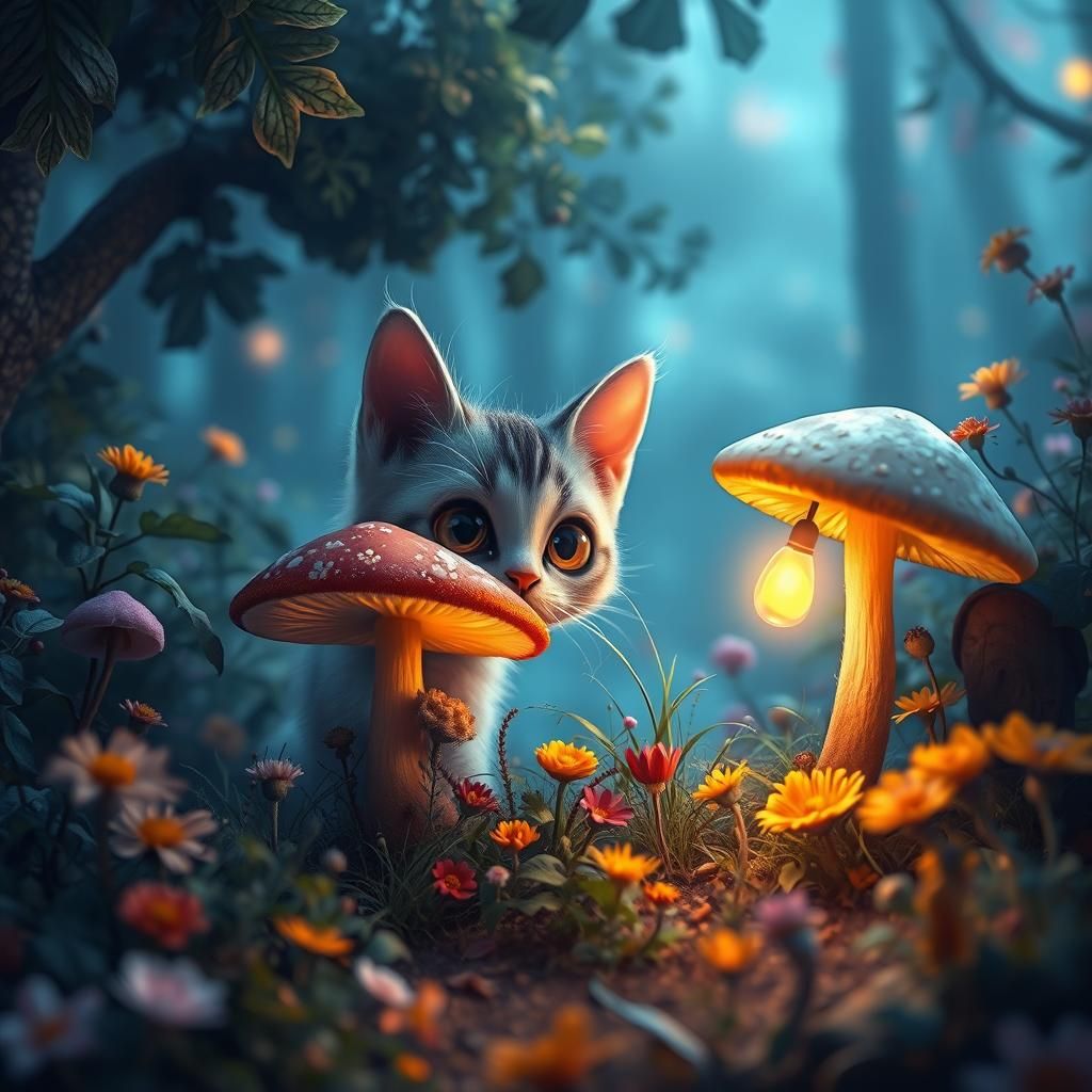 Whimsical Cat in Enchanted Forest