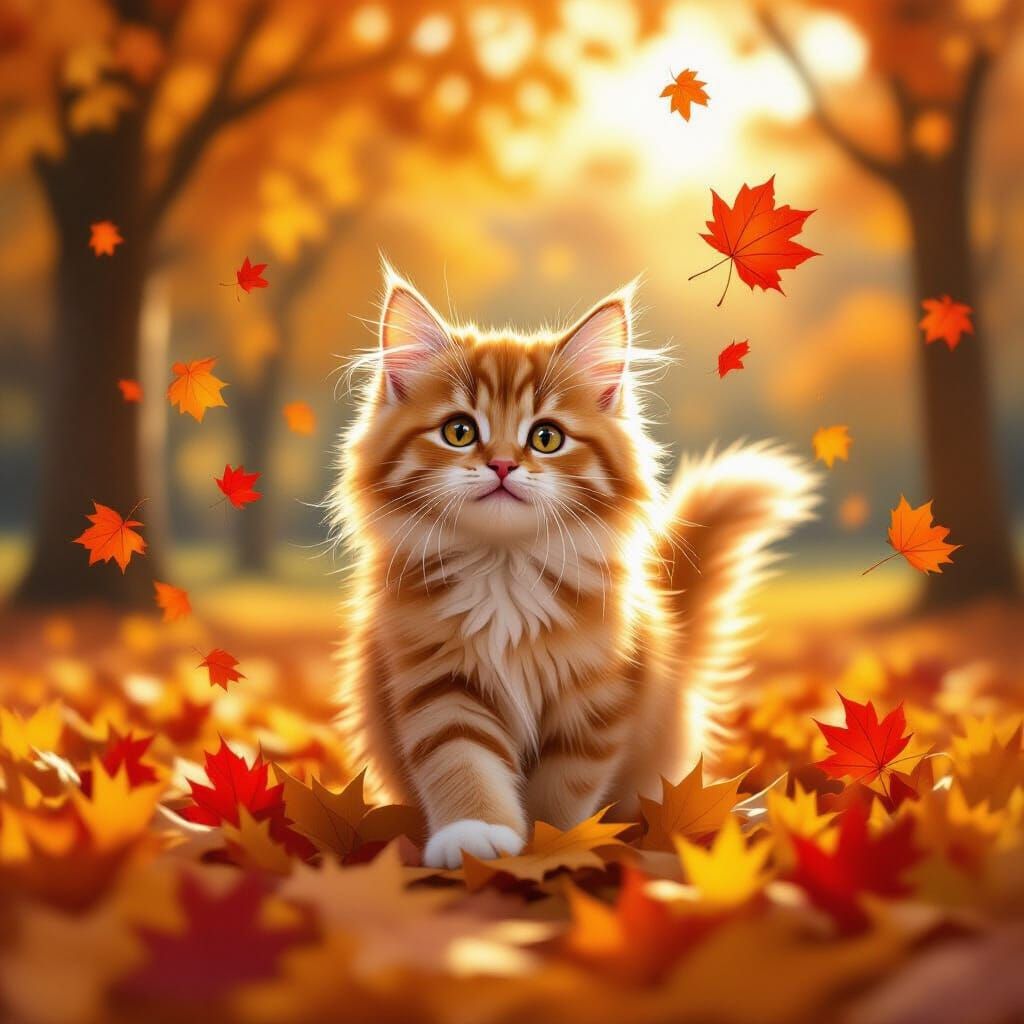 Fluffy Orange Cat Plays in Autumn Leaves