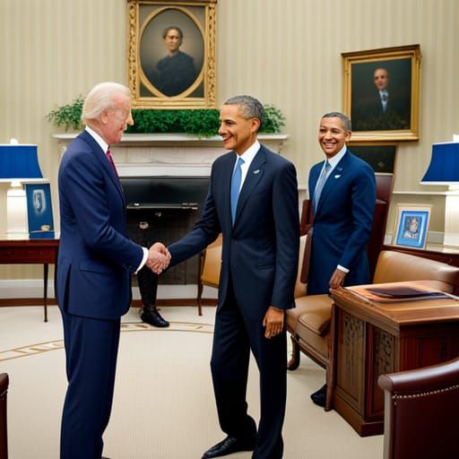 President Joe Biden shaking hands with Barack Obama. Both are wearing a ...