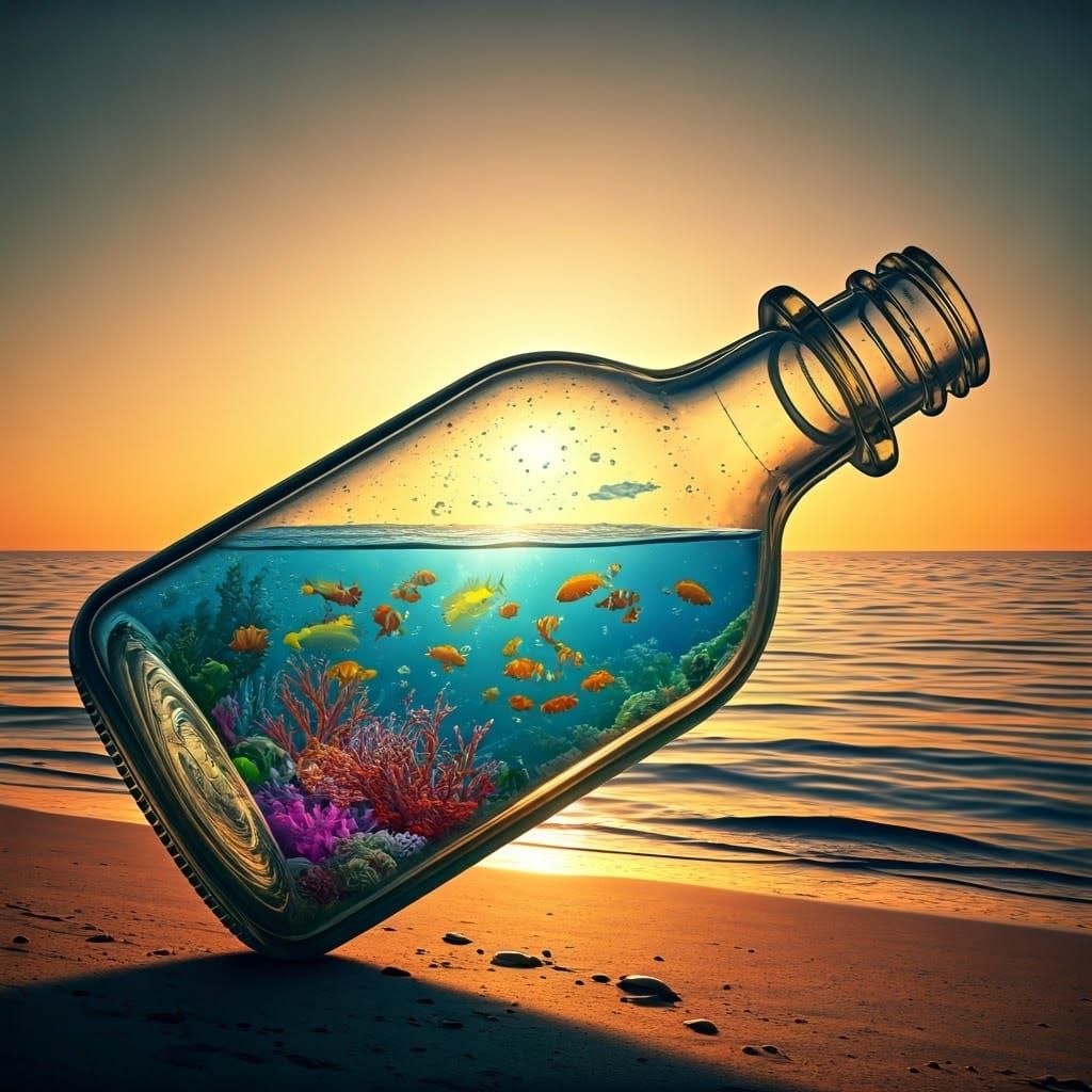 Surreal Underwater Scene Inside Vintage Glass Bottle in Hype...