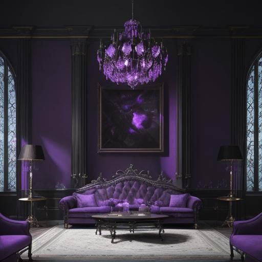 Luxurious Gothic living room with purple walls and black accents ...