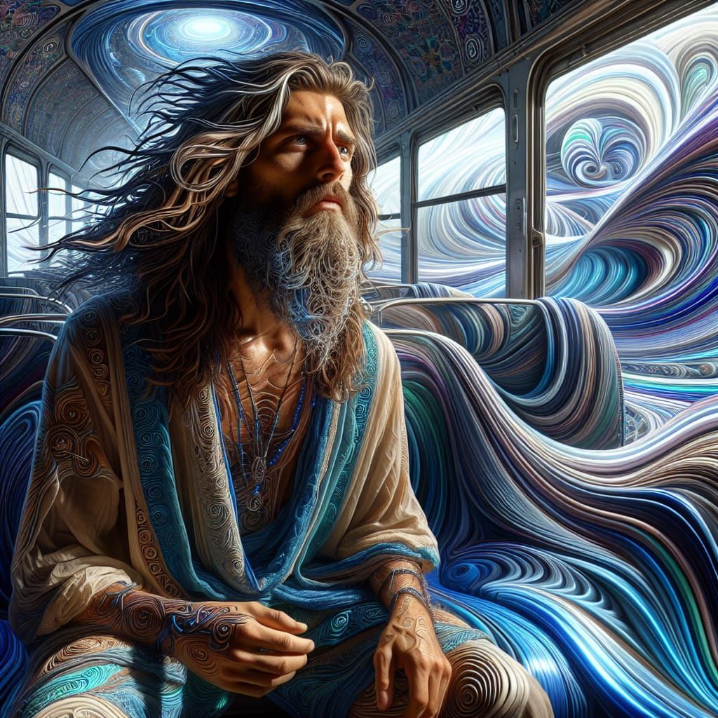 Riding on the blue bus.