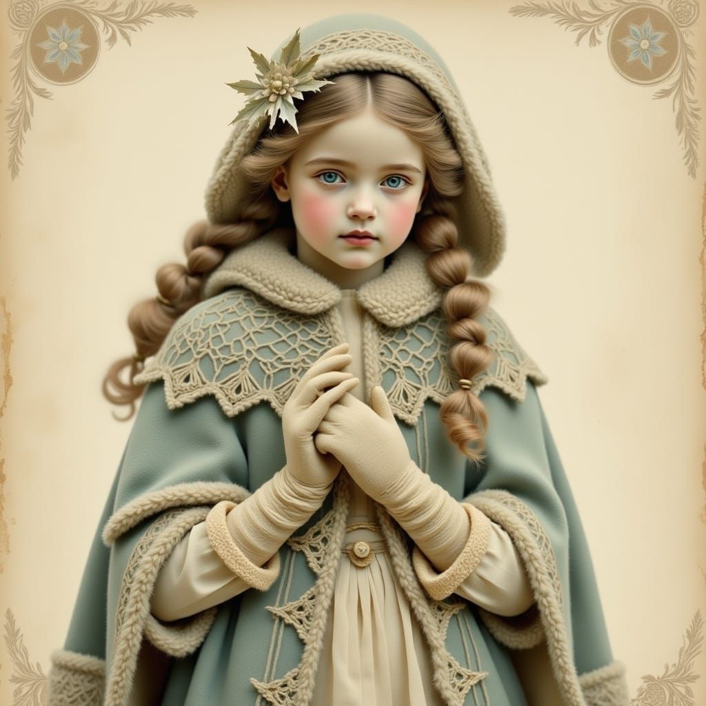 <lora:french vintage:1.0> girl holding in her hand a snowflake,, high details, masterpiece,vintage postcard