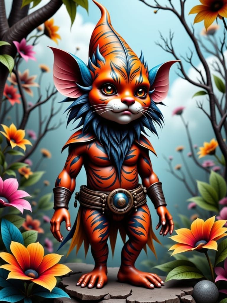 a old-man gnome with skin tiger patterns  with  multicolor outfit. <lora:Zeste-Citron Tiggnom:1.0>