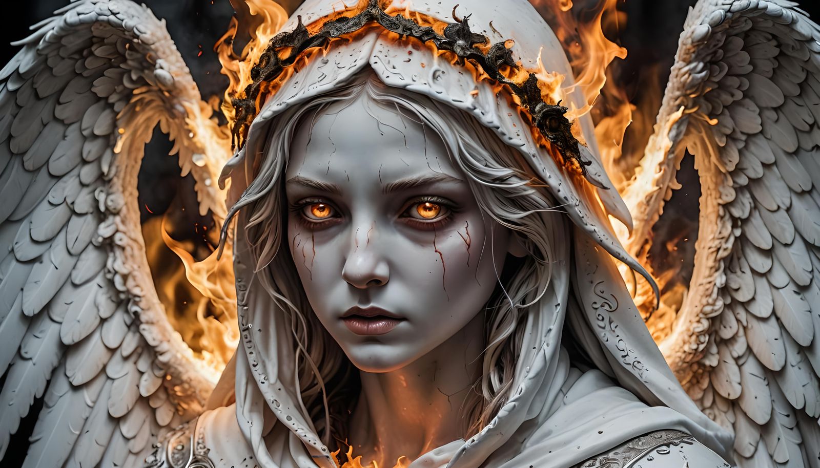 A White Hooded Angel, Her Eyes Shows Reflective Flames From The Large Fire At The Entrance To Hell.  by @KOSH