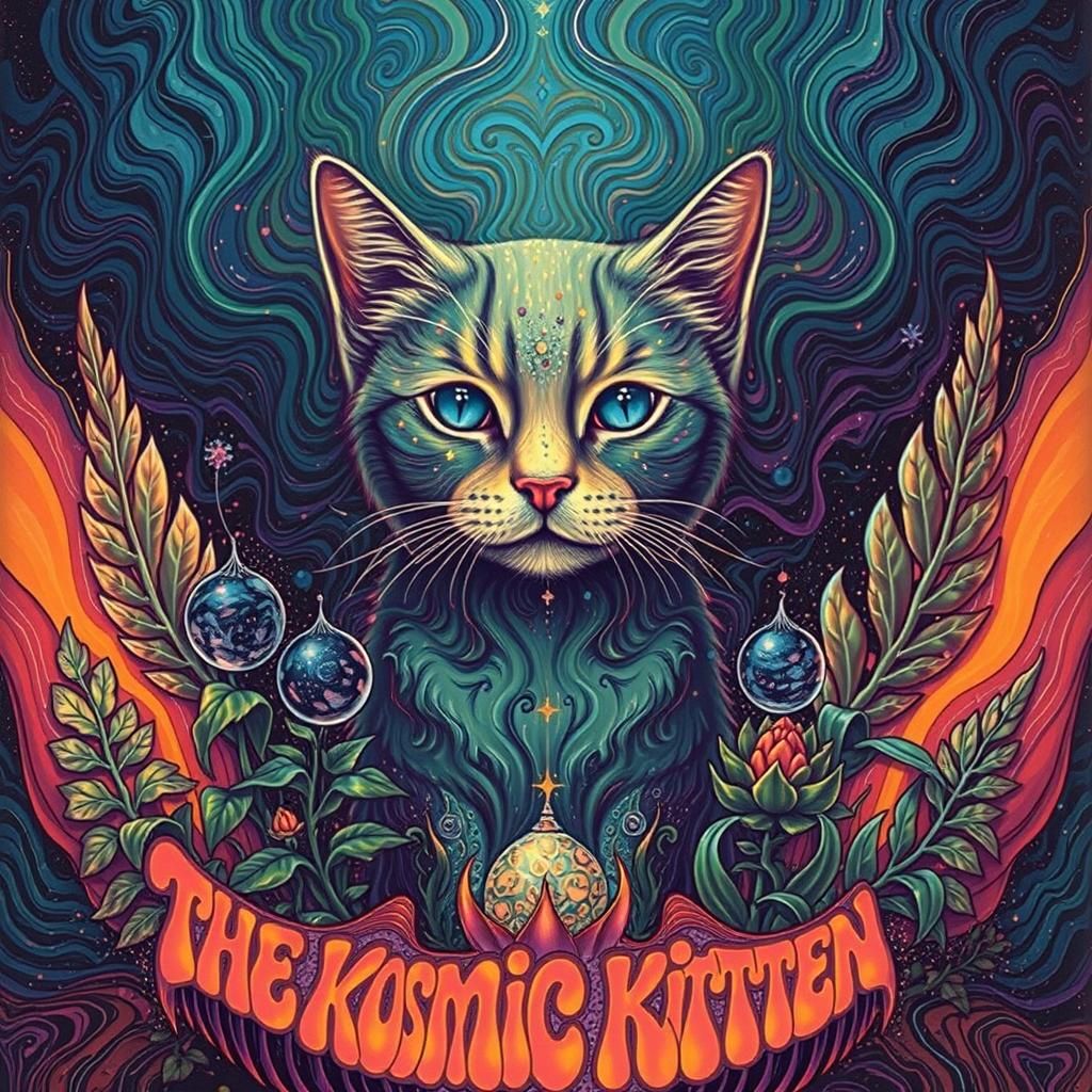 A vibrant, surreal 1960s psychedelic rock poster of a kitten, reminiscent of iconic album art by Peter ...  by @g r r c