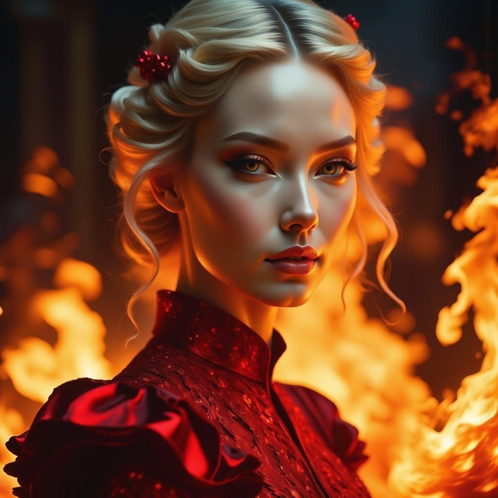 <lora:Made from fire 2:1.0>;  intricate patterns; hyperrealistic beautiful blonde hair in a bun with curly strands; ultra extreme close up g...
