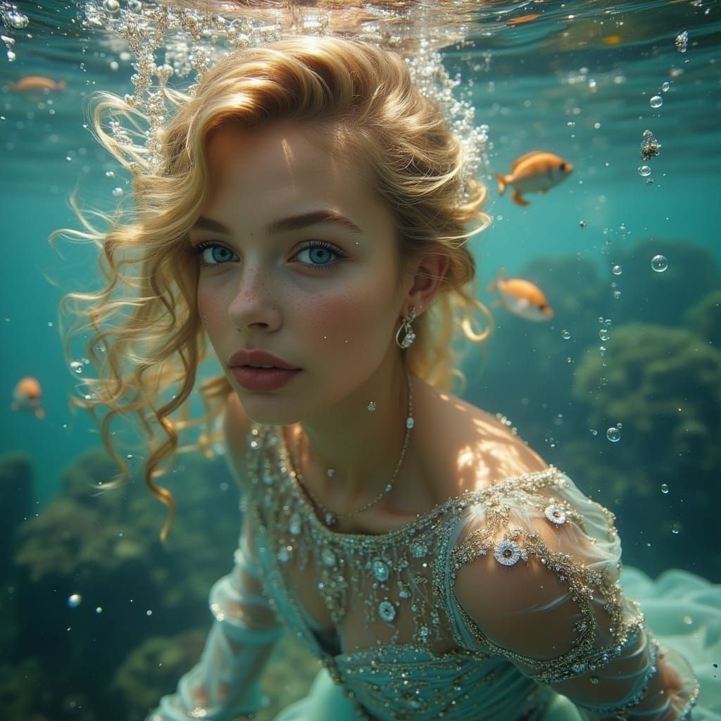 <lora:Starry eyes:1.0> Cute woman underwater in her beautiful dress 
