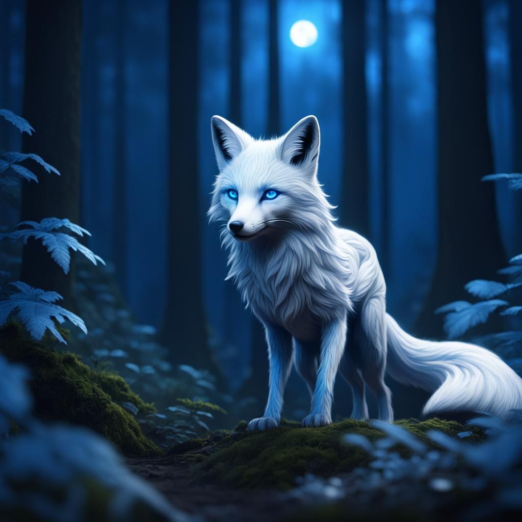 A little white and blue fox in the forest at night - AI Generated