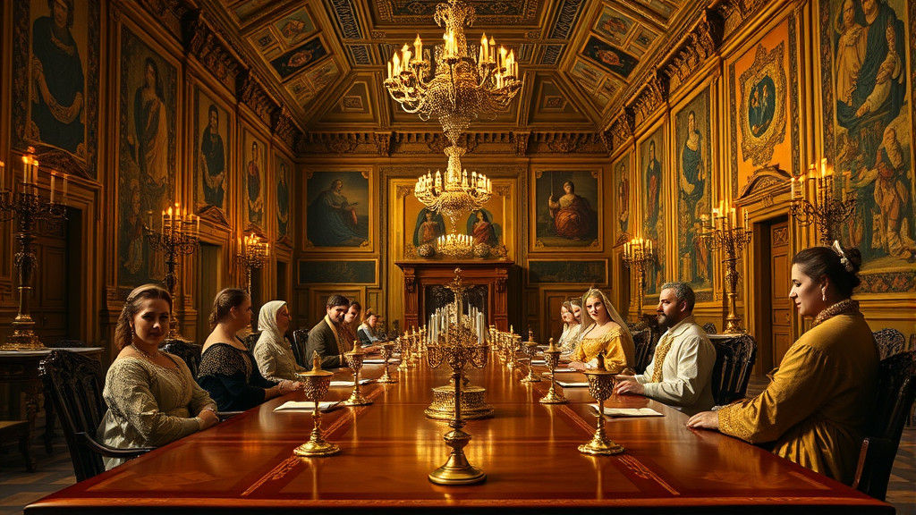 "A Renaissance-style painting of a royal family dining in a lavish banquet hall, with intricate details and warm golden ...