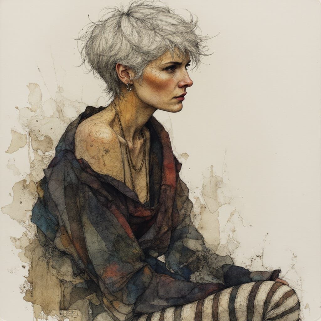 <lora:Neurographic Ink - 2:1.0> Stunningly beautiful serene older woman, closeup, short messy pixie hair, small smile, genuine, mixed media,...