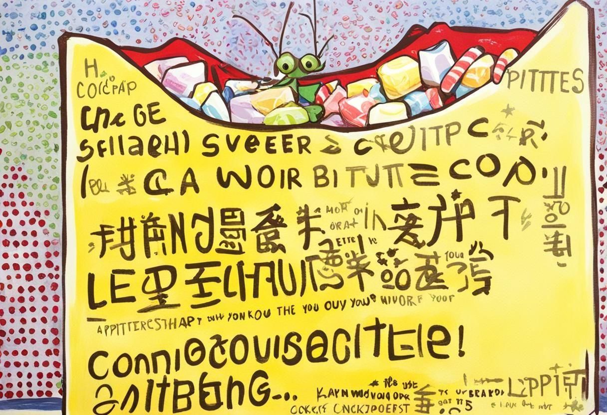 A bag full of candy with text promoting companies and other adverts. On top of the heap of sweets and candy is a cockroach helping to work u...
