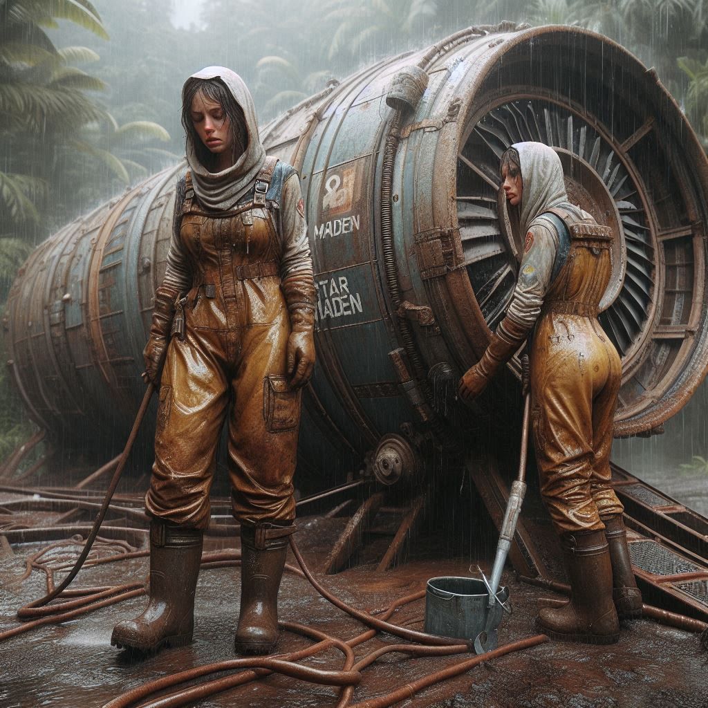 A few tired female workers are cleaning the vicinity of an o...