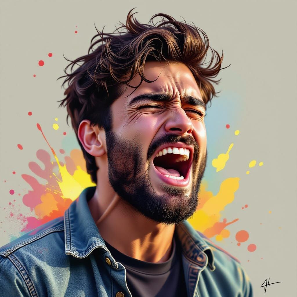 Angry Overweight Man Shouting, Hyperrealistic Splash Art