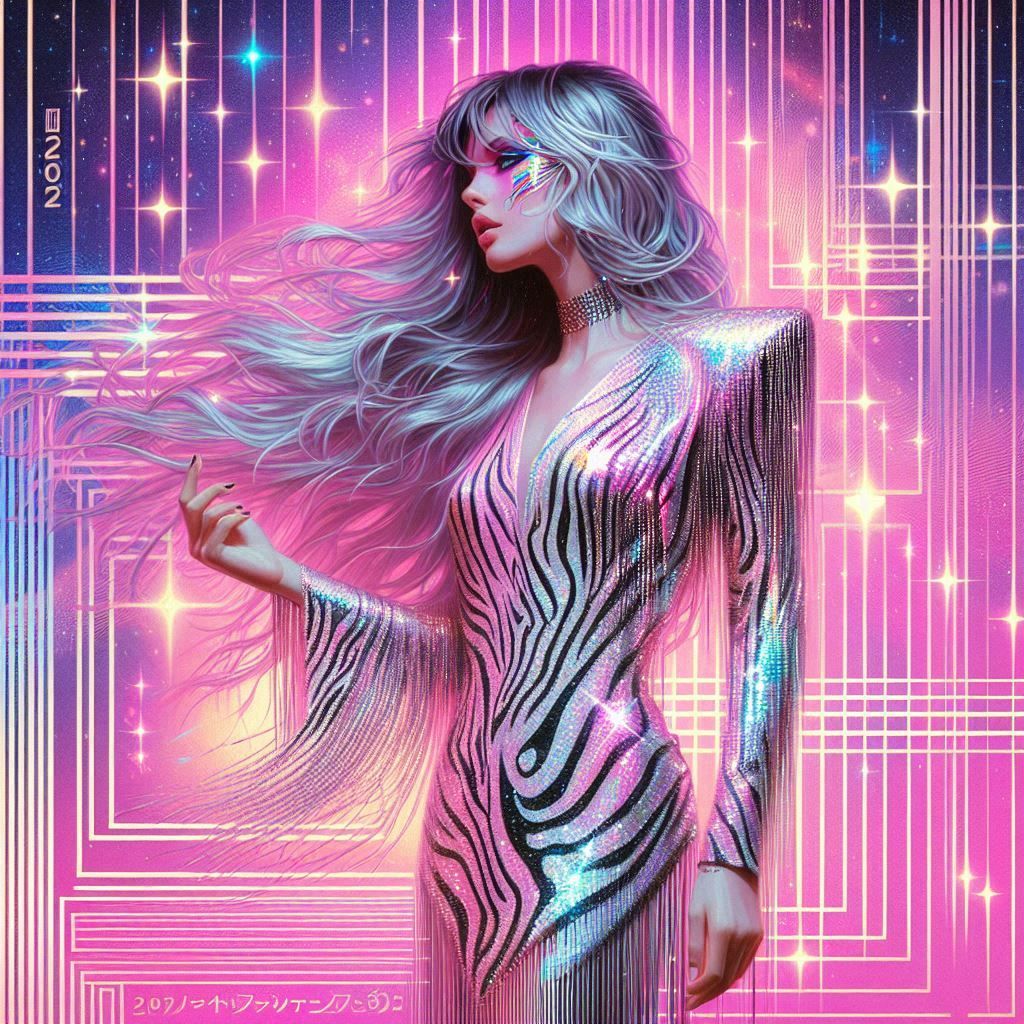 hajime sorayama 1980s retro futurism, irridescent zebra skin, female fashion model. long flowing hair, sequin dress. chr...