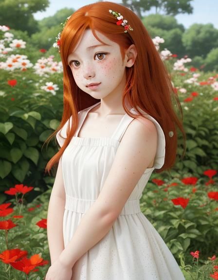 Cute Anime Girl Blushes in a Field of Red Flowers