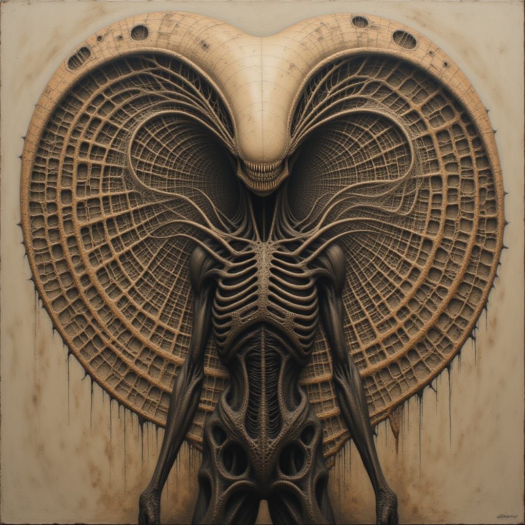 <lora:LV-426:1.0> HR Giger, biomechanical, xenomorph,  ossified lattice, oxidized copper, chiaroscuro, spectral, alabaster