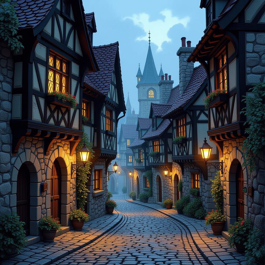 Narrow medieval alleyways lit by lanterns  by @Auriana