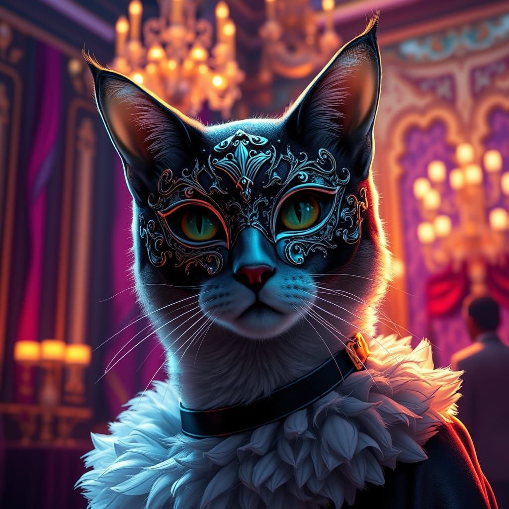 Cat Wearing A Mask At A Ballroom Soiree