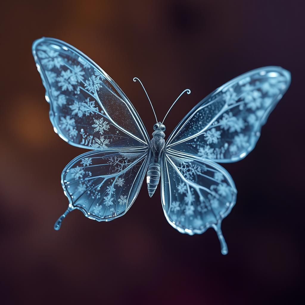 Glass Butterfly with Frosty Wings in Velvety Darkness