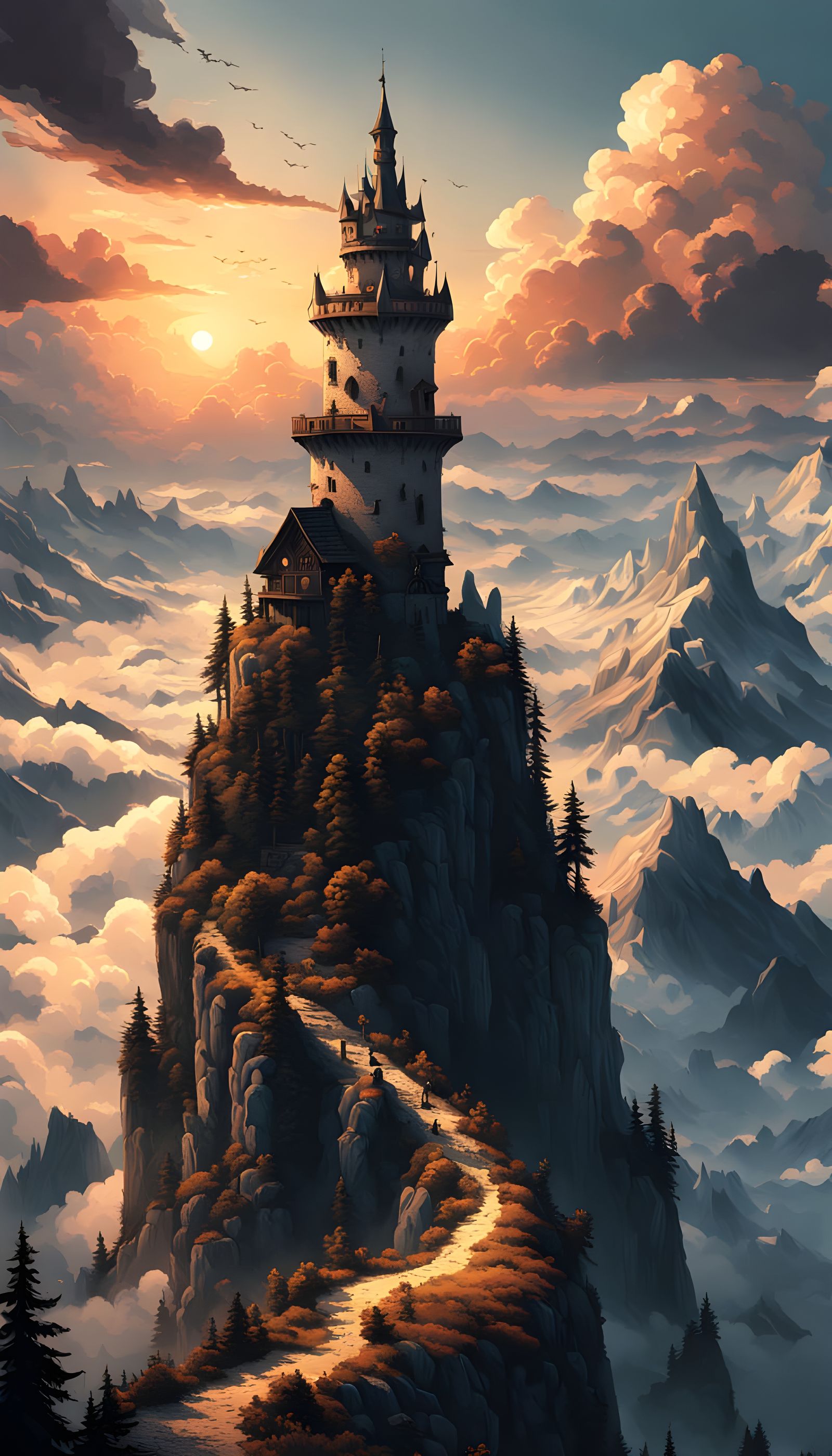 Ethereal Wizard Tower at Sunset in Guache Style