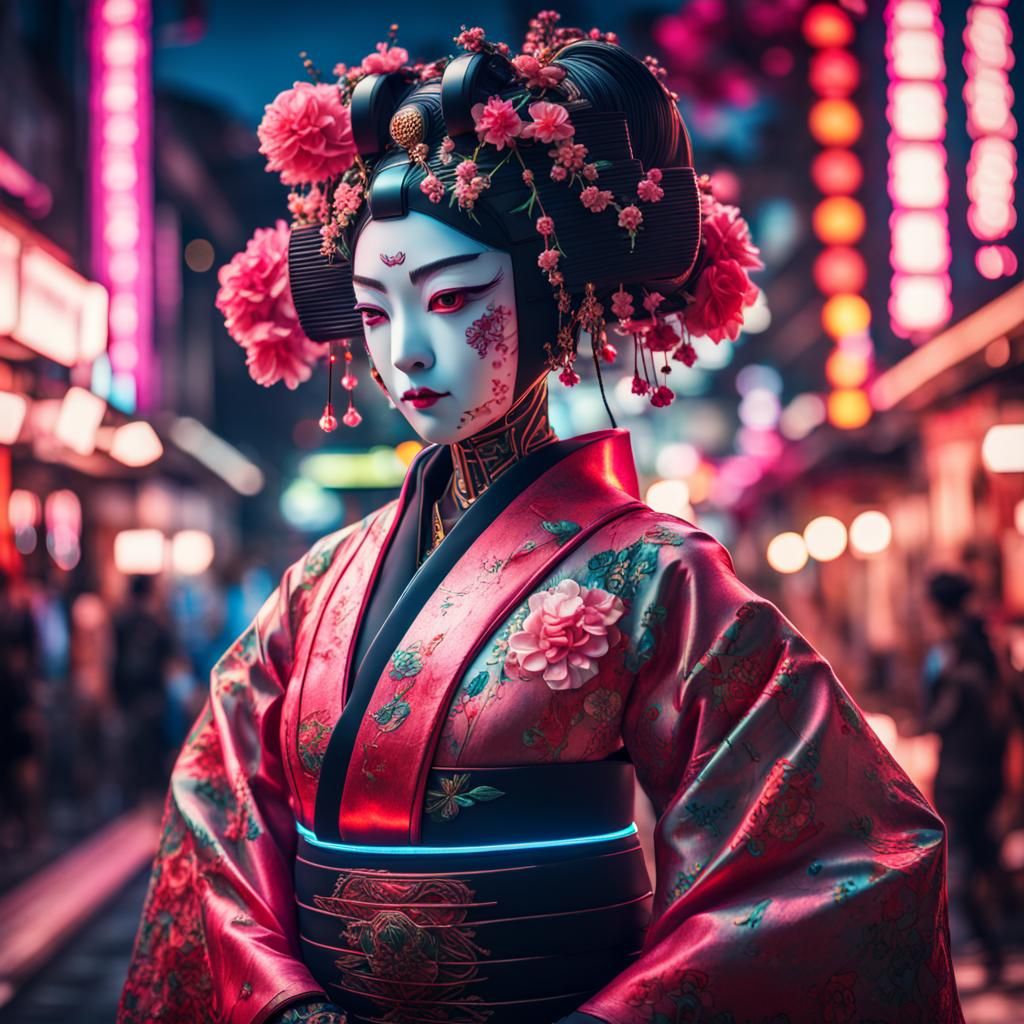 Miyazaki art style robot geisha android wearing neon with flowers while ...