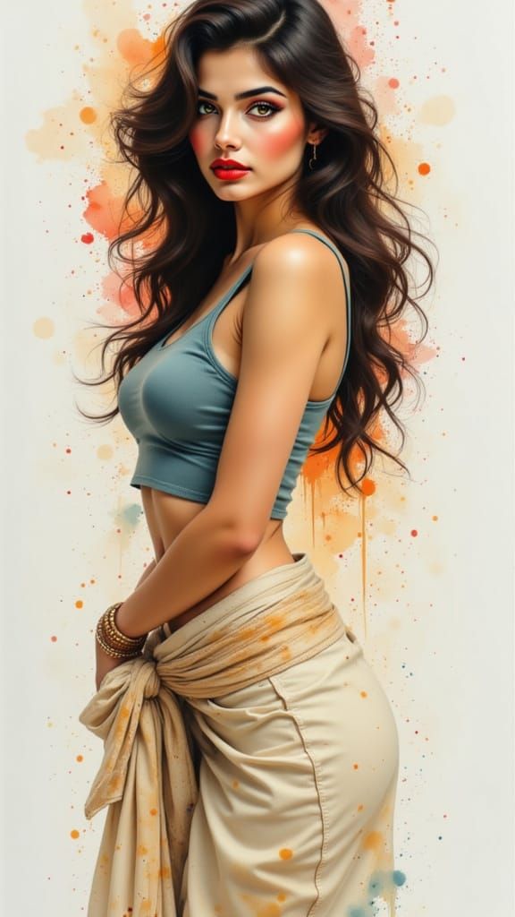 <lora:Mythic Chiaroscuro:1.0> <lora:WhiskeyGouache:1.0> petite stunning Malayalam mid 20s young woman, wearing only a modesty skirt.

A deta...