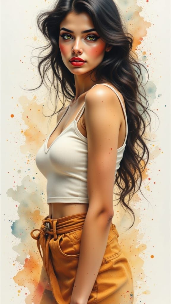 <lora:Mythic Chiaroscuro:1.0> <lora:WhiskeyGouache:1.0> petite stunning Malayalam mid 20s young woman, wearing only a modesty skirt.

A deta...