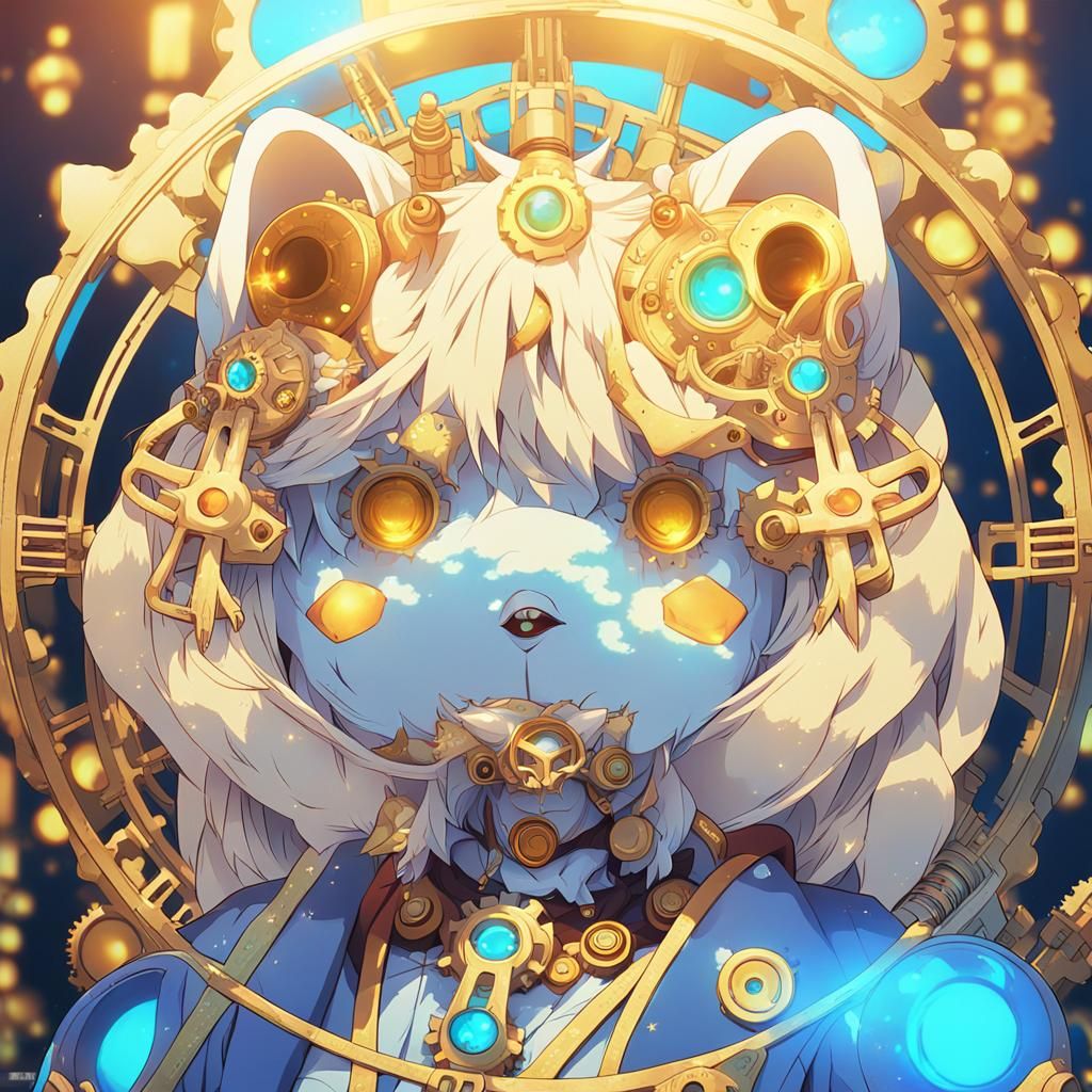 Cute Alchemist Fantasy Girl with Mechanical Clockwork Bear E...