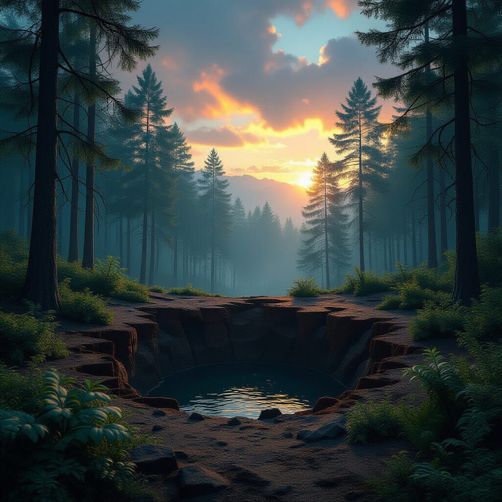 Cinematic 3D Pit Scene Near Forest