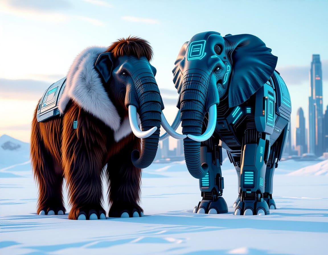Mammoth + Futuristic Elephant
"A woolly mammoth from the Ice Age stands beside a sleek cybernetic elephant covered in glowing gadgets and ar...