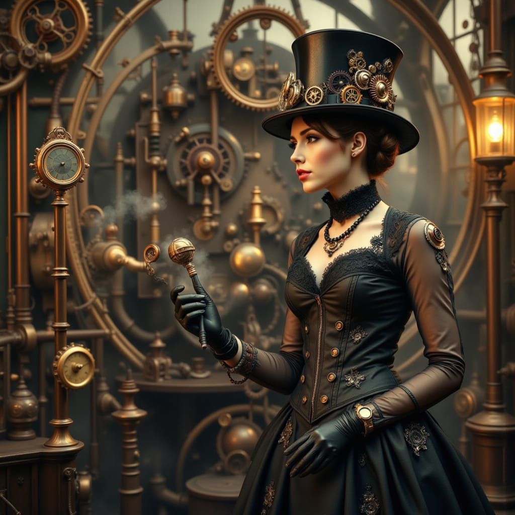 Elegant Steampunk Woman with Clockwork Scepter