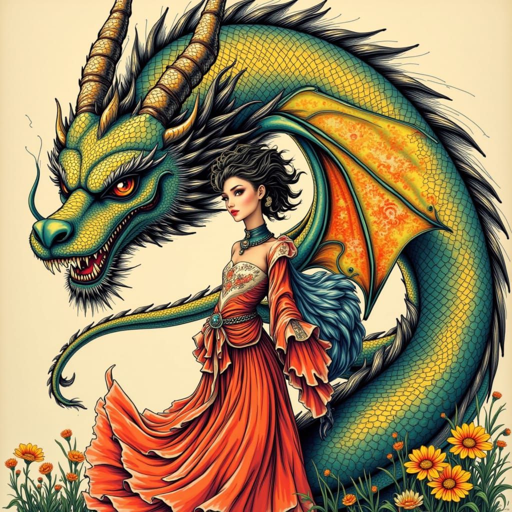 the damsel with her dragon guardian in detail, colorful <lora:Calligraphy Style:1.0>