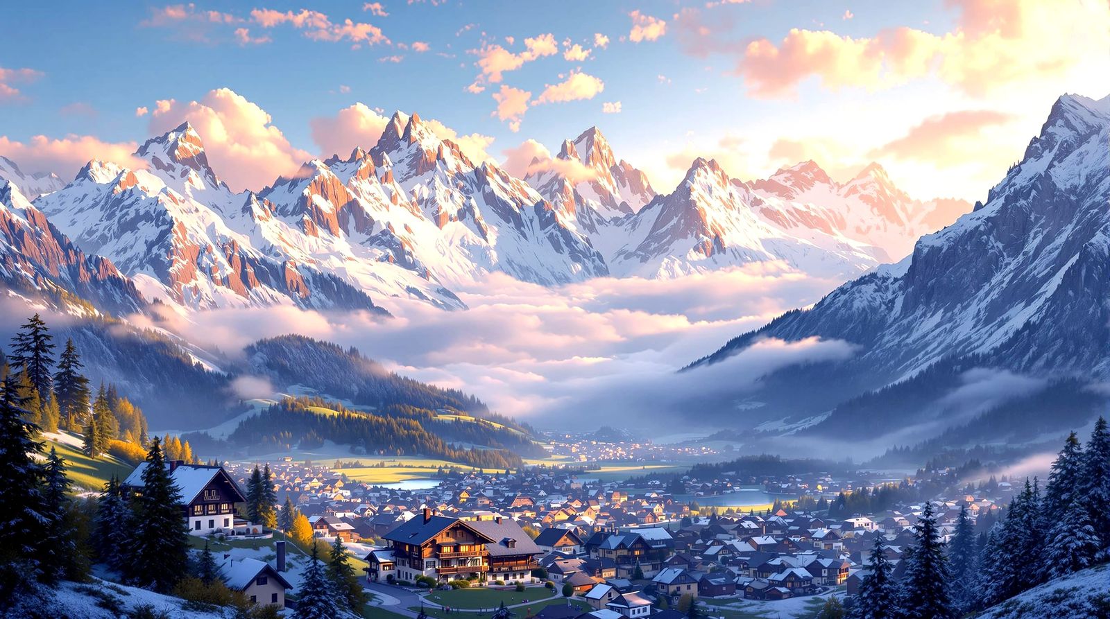 A breathtaking panoramic view of the Swiss Alps at dawn, with jagged, snow-capped peaks piercing through ...  by @The Carlyle