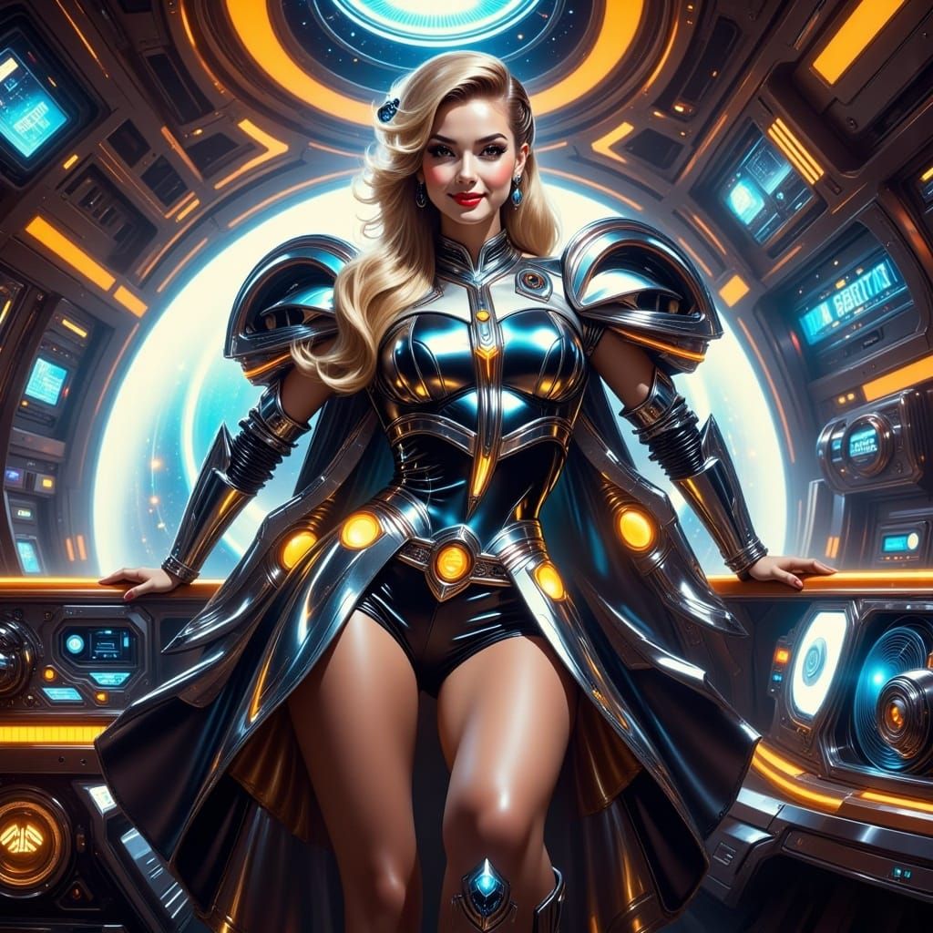 <lora:Retro Future Flux:1.0>  An intimidating male space knight inside a spaceship 