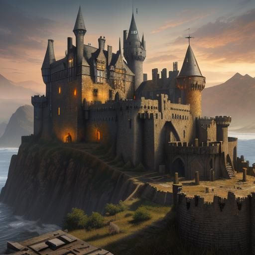 medieval castle expanded with postapocalyptic scrap, stone walls and