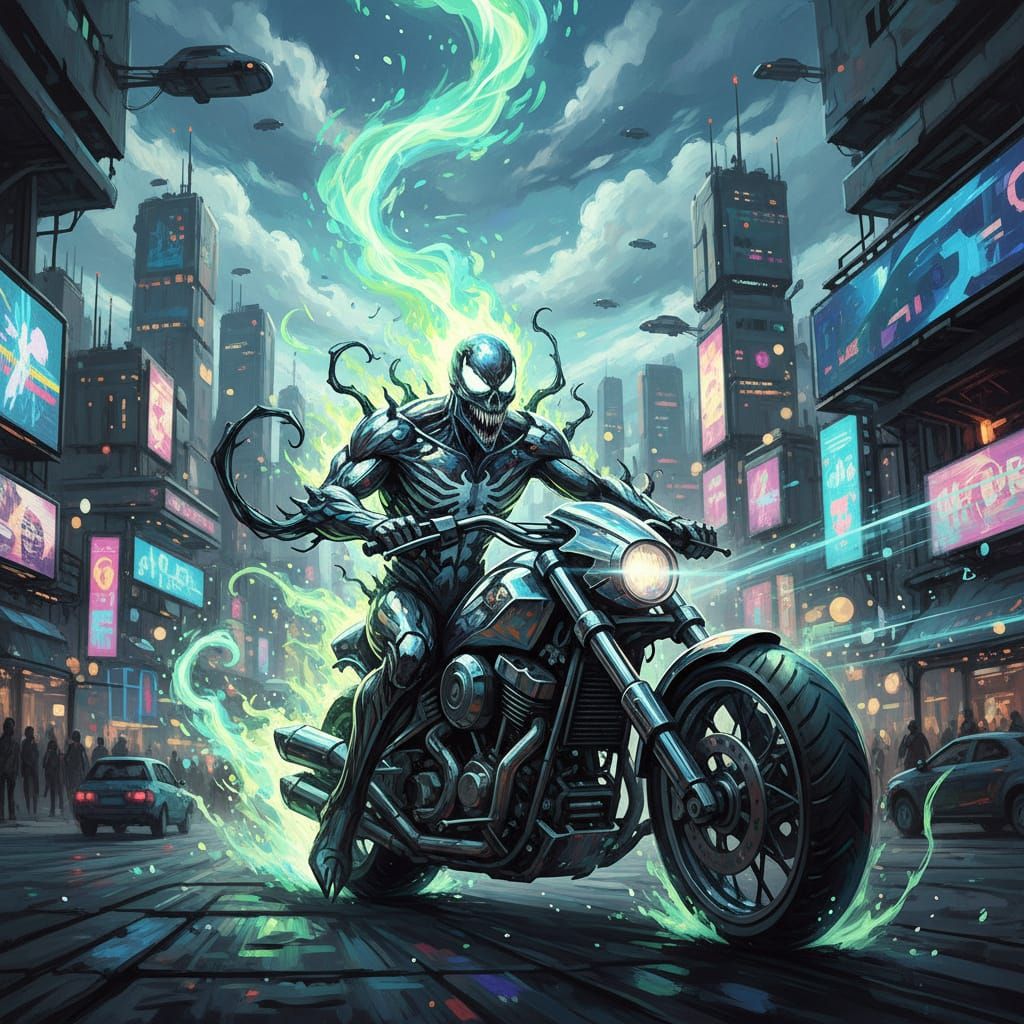 Cyberpunk Ghost Rider Venom in Bioluminescent City