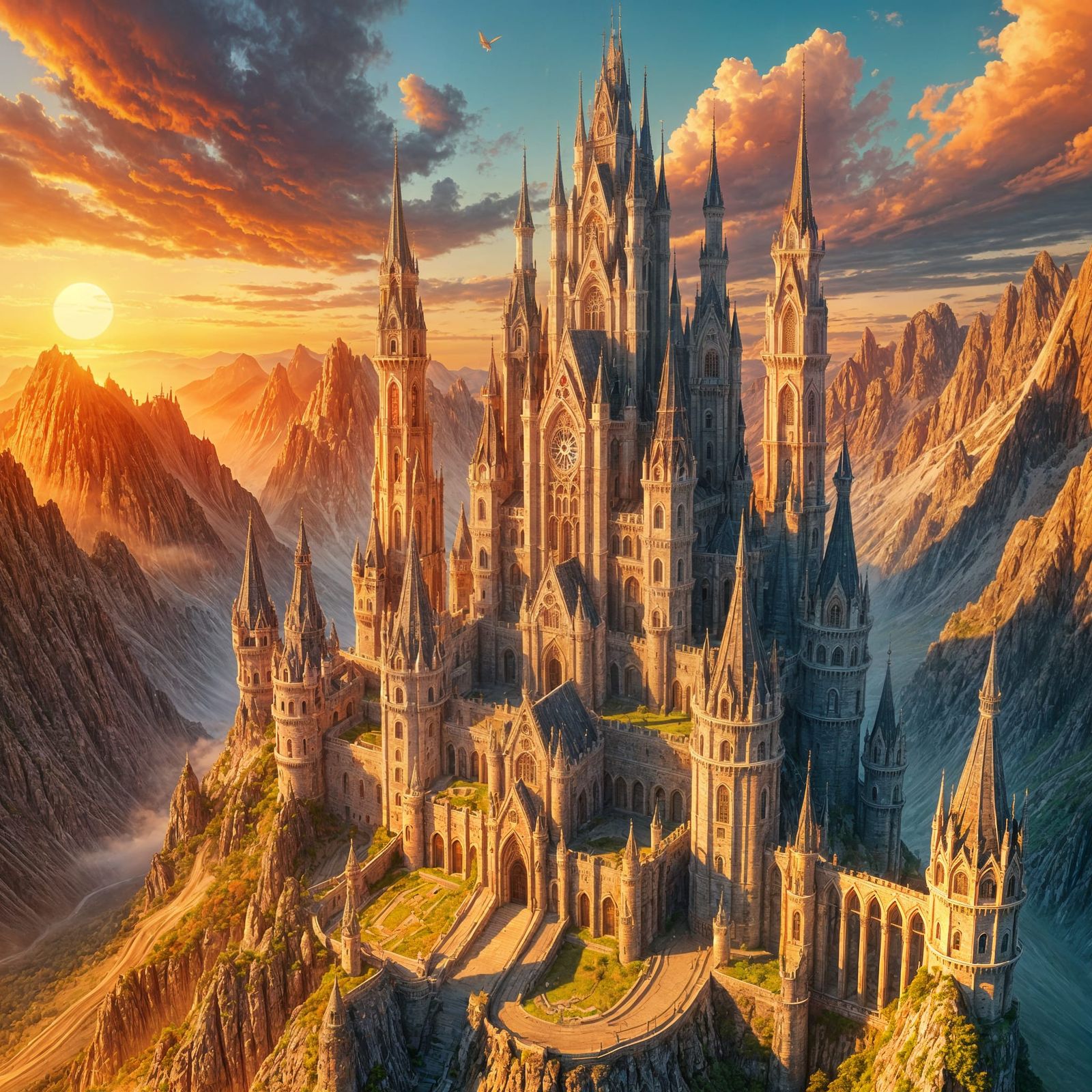 Gothic Castle on Mountain at Sunset