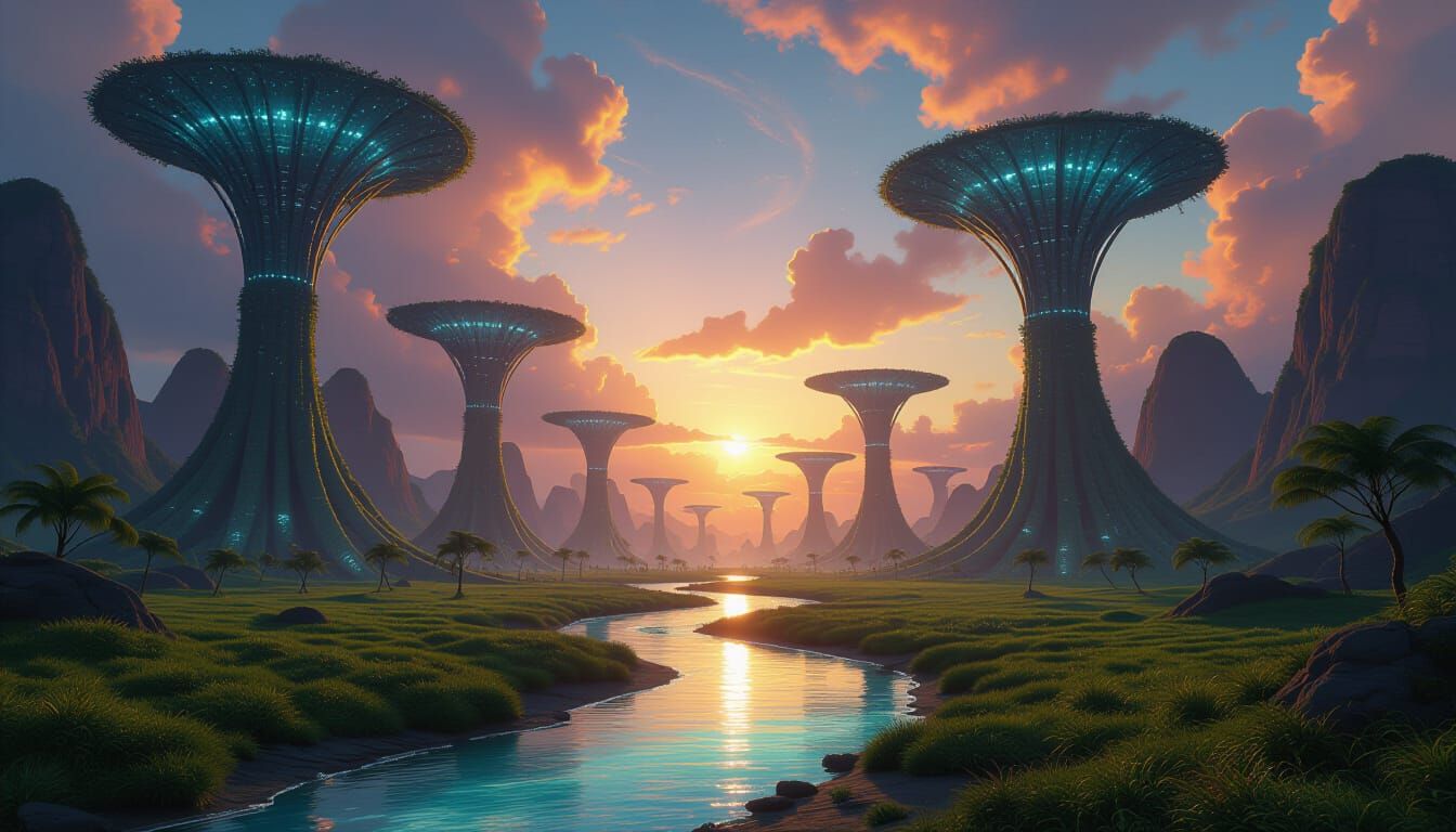 Primordial Sunrise Over Alien Landscape