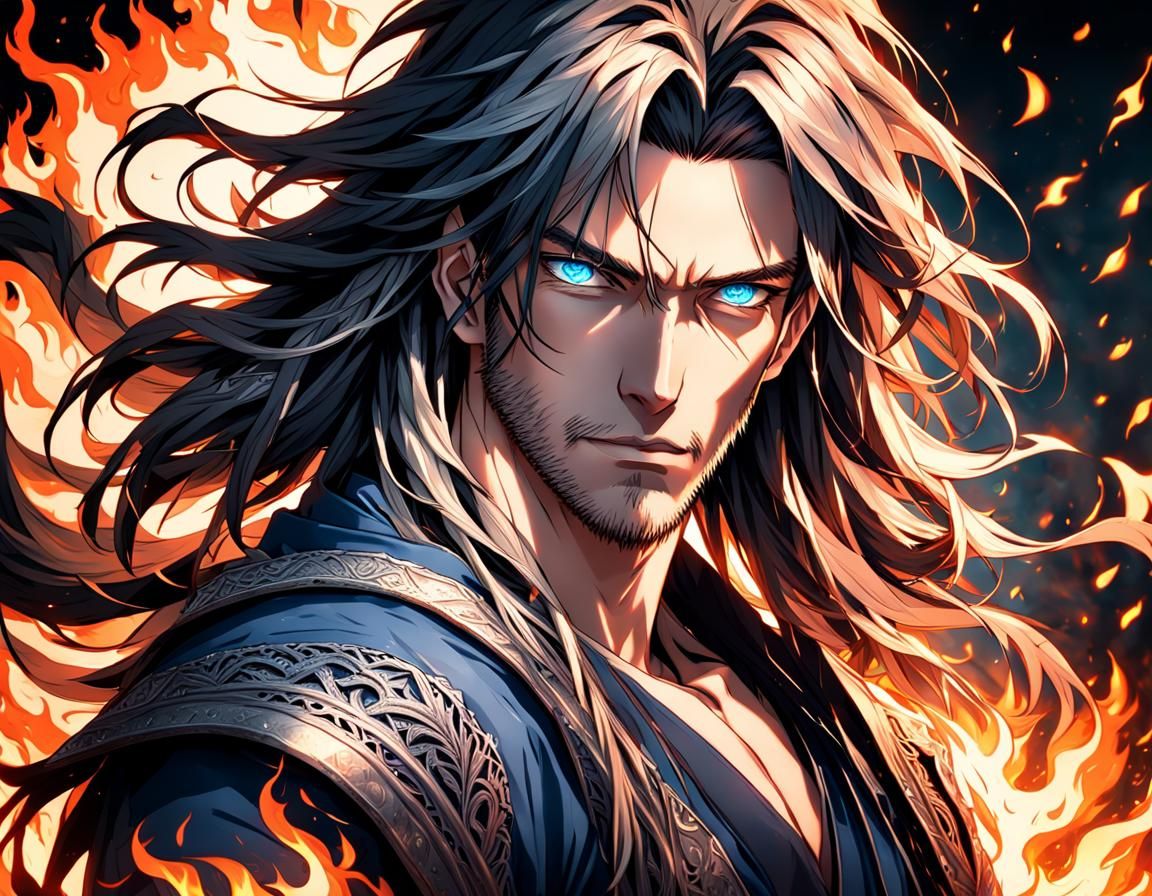 Hyperrealistic Anime Warrior in Fiery Surroundings