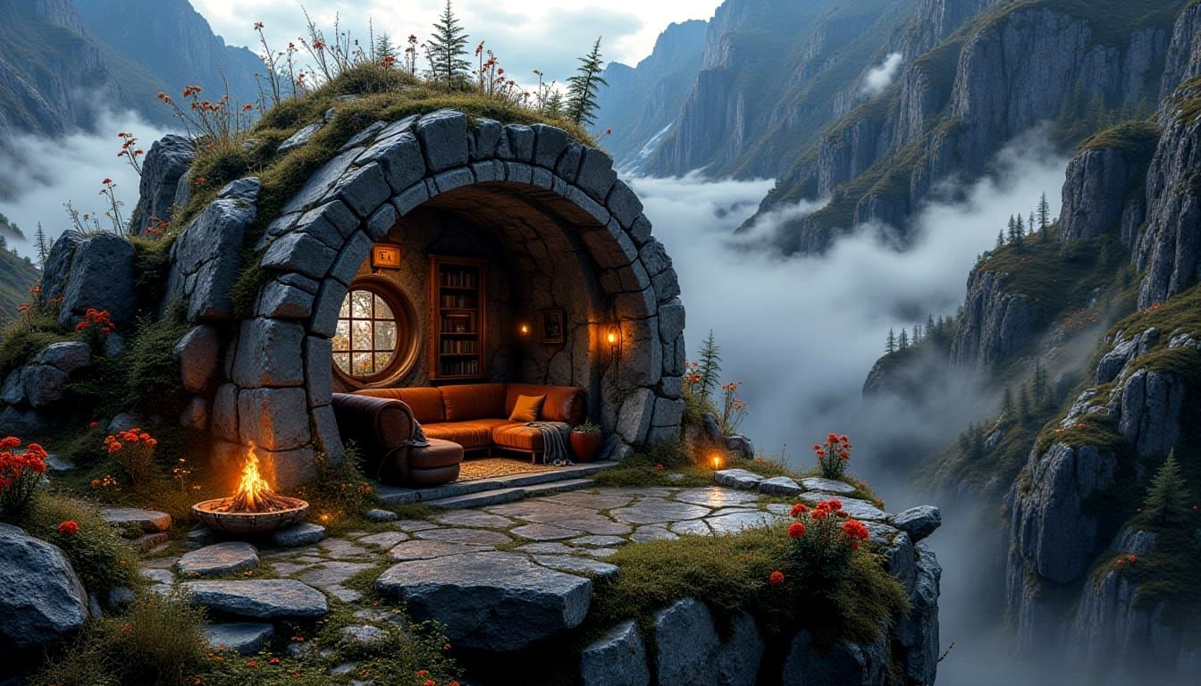 Mountain top reading nook in mist ⛰️🔥
