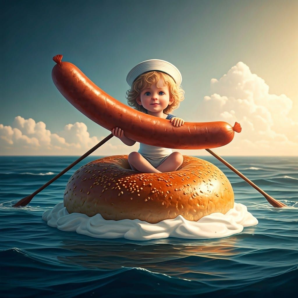 Cherubic Boy Sails Golden Bagel Waves in Vibrant Hyper-Reali...
