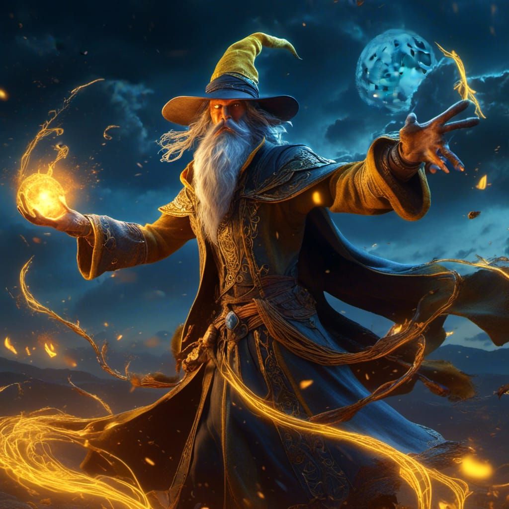 Mystical Wizard Under Glowing Night Sky