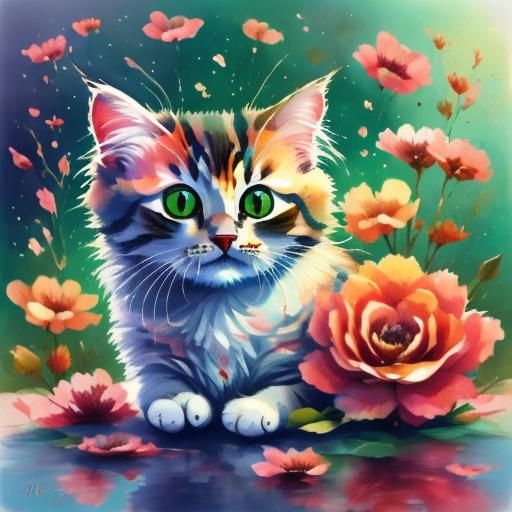 A cute cat with a ring of flowers.