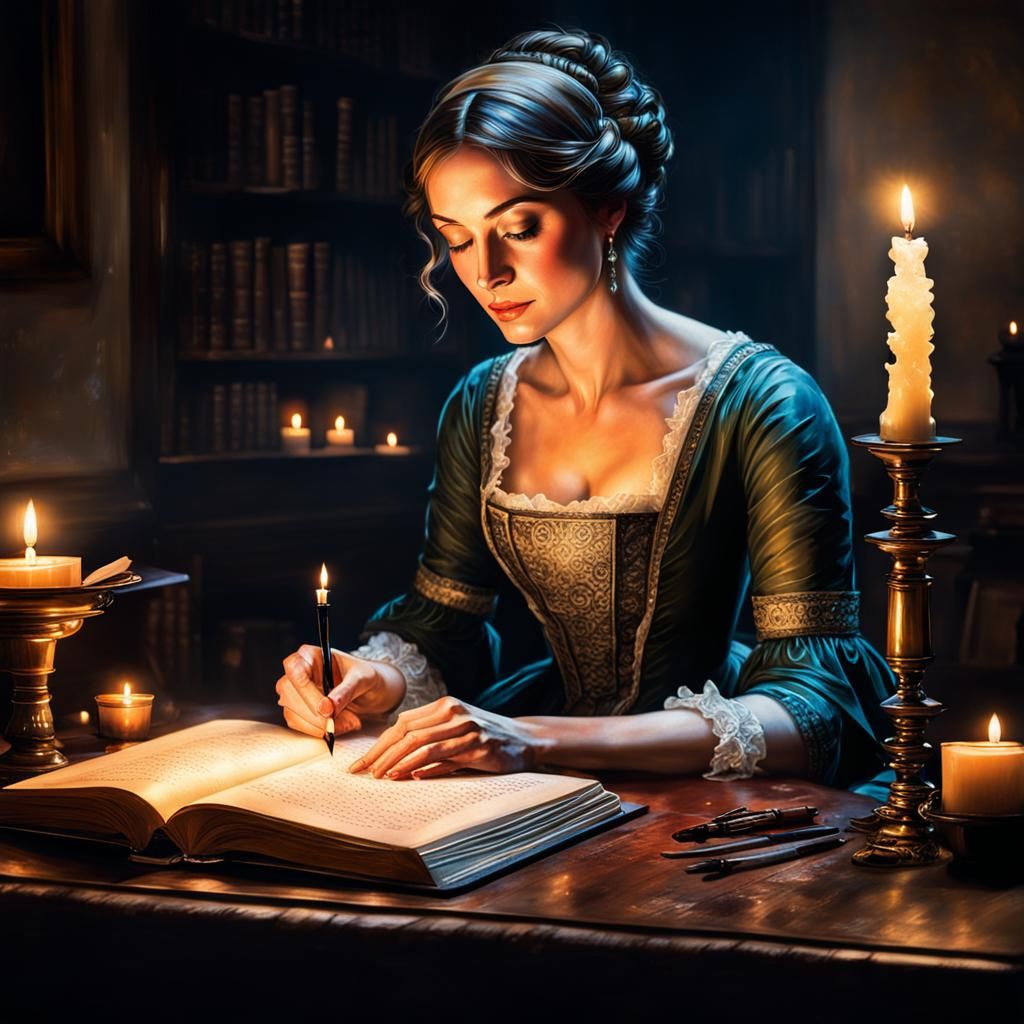 Jane Austen writing by candlelight.  by @Shywolf